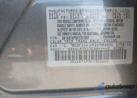 2019 Nissan Sentra Sr z USA, uszkodzony, nr VIN 3N1AB7AP9KY361662